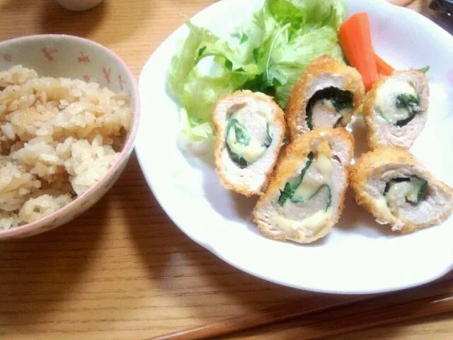 ｻｻﾐﾁｰｽﾞｶﾂとｼｰﾁｷﾝなめ茸御飯|tokkoさん