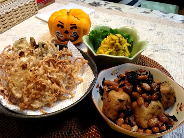 干しエノキ 天ぷらとがんもひじき煮 南瓜サラダ|さちさん