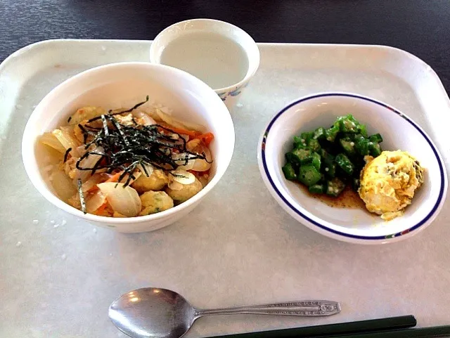 比内地鶏のつくね丼とおくらとかぼちゃサラダ！|kisaさん