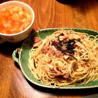 Snapdishの料理写真:和風ツナきのこパスタとミネストローネ|colさん