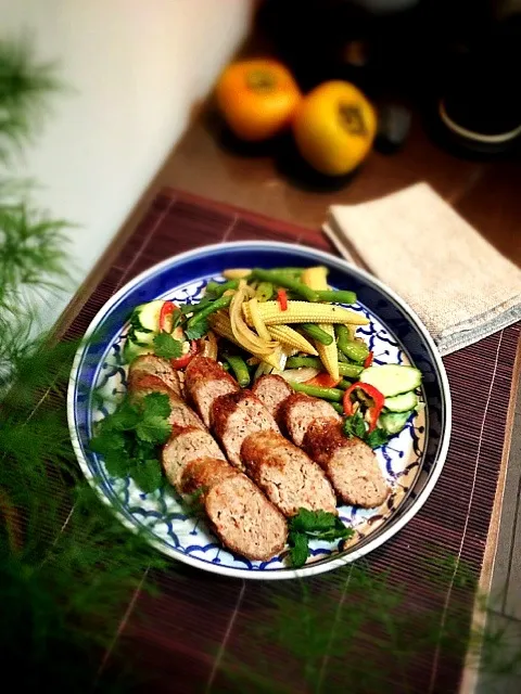 Snapdishの料理写真:Thai style pork sausage with lemongrass,stir fried mix vegetable with oyster sauce|rick chanさん