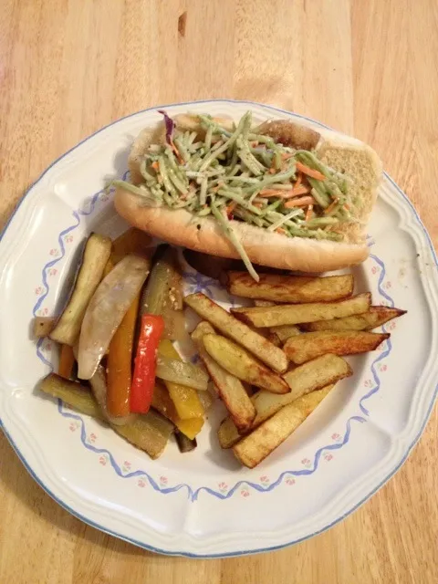 Fish Sandwich, sautéed eggplant with pepper, and five spiced fries|http://melissasmenu.wordpress.com/さん