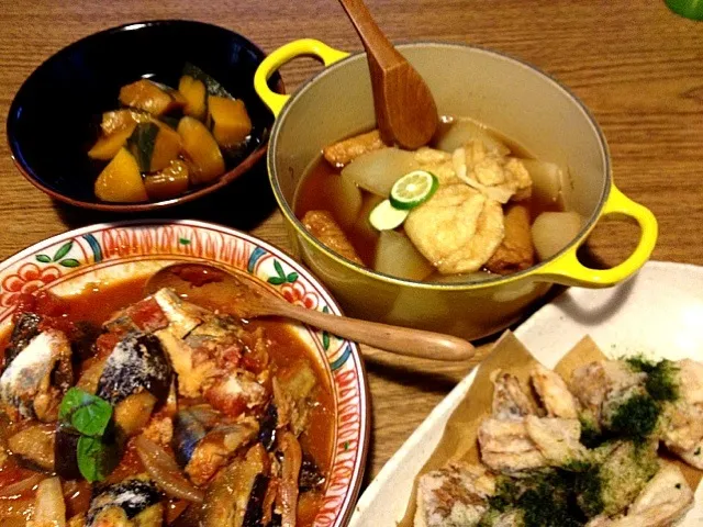 秋刀魚トマト煮、蓮根唐揚げ、簡単おでん風、カボチャ|うおさん