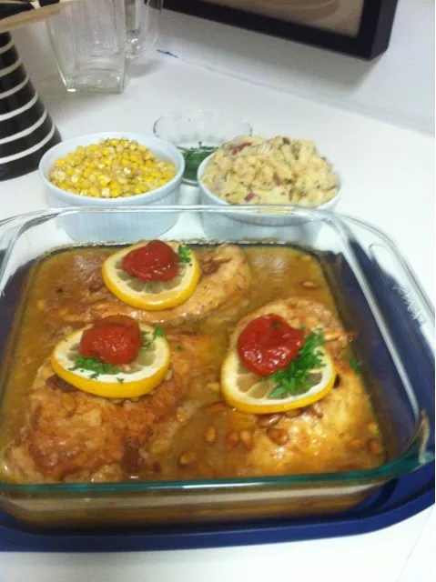 Lemon Pine Nut Chicken with Smashed Potatoes and Corn off the Cob|Christine pavelkaさん