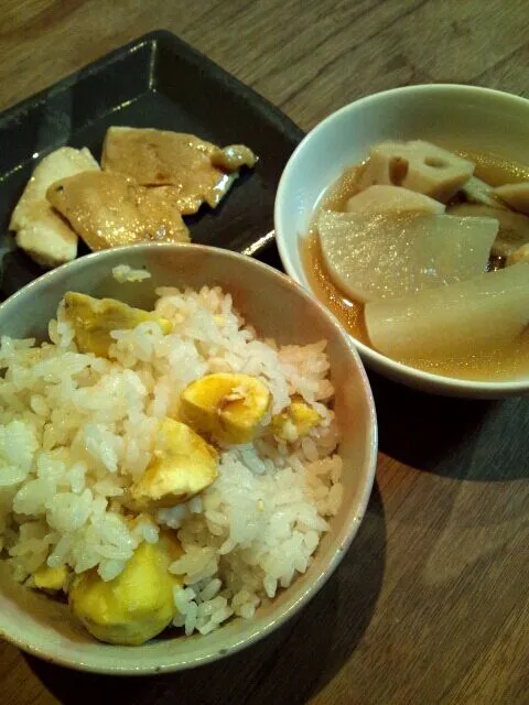 栗ご飯、チキンソテー、根菜の煮物|mirimaruさん