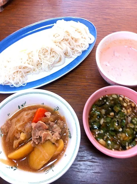 そうめん。つけだれは、キムチ豆乳ごま&とろとろオクラ山芋♪|ゆみ☆ゆみさん