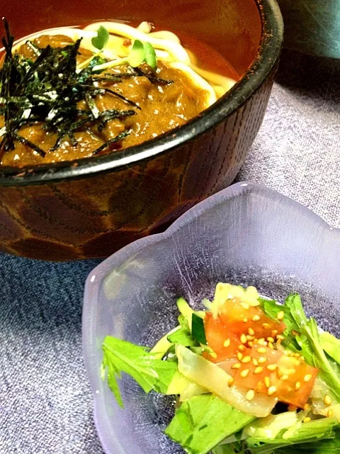 カレーうどんと塩くらげの中華和え|まゆさんさん