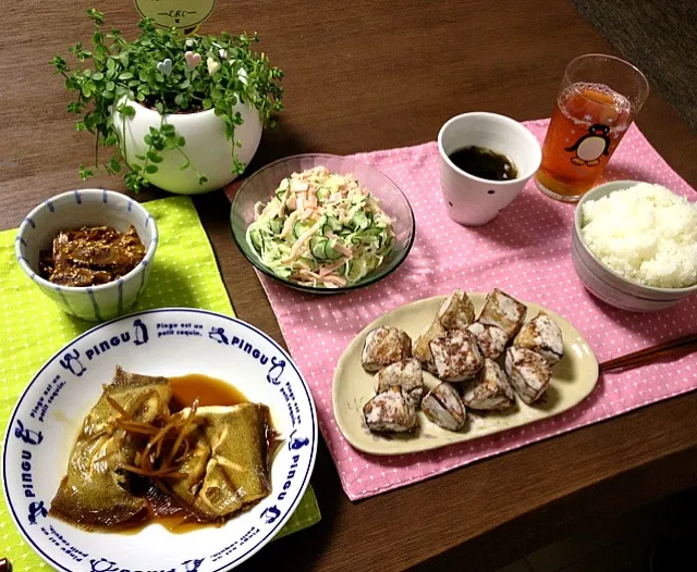 えび芋の唐揚げ、水かれいの煮付け、きんぴら牛蒡、春雨ハムサラダ、もずく酢|pentarouさん