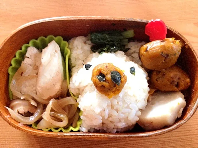 【今日のベジ弁】肉なし豆腐、小豆かぼちゃの団子、大根菜のお浸し、里芋の甘辛煮|yuccaさん