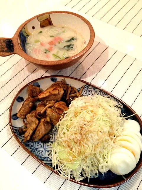 鳥肉の塩麹とバジル焼き。豆乳春雨スープ|nakashimayukikoさん