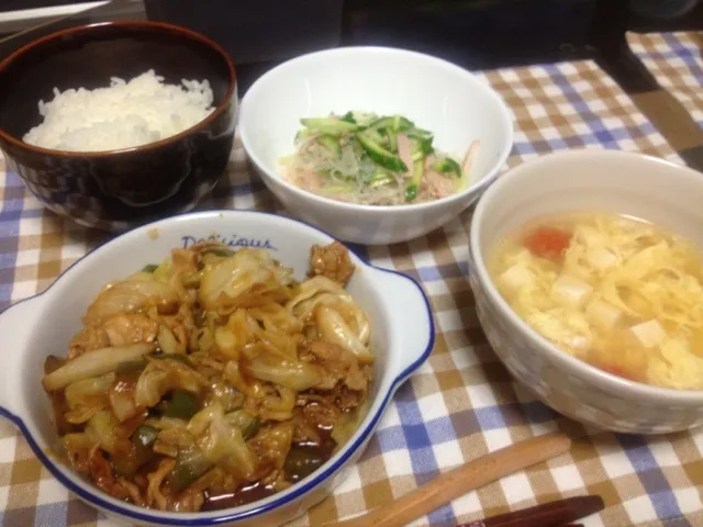 Snapdishの料理写真:回鍋肉、春雨サラダ、たまごスープ|食いしん坊もりもりさん