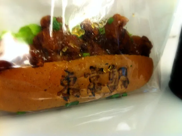 Snapdishの料理写真:東京DOGの唐揚げドッグ。東京駅の刻印が気になって購入。甘辛なタレで美味しかった。さて、これから西へ…|土屋幸治さん