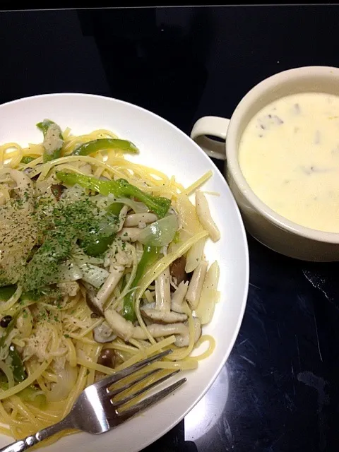 ホタテ缶を使ったキノコと野菜の白ワインソースパスタ、さつまいもポタージュ風スープ #タロメシ|taro nishidomeさん