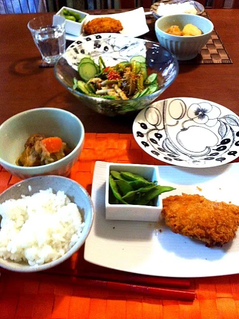 Snapdishの料理写真:☆白身魚フライAND枝豆               ☆きのことアスパラのホットサラダ    ☆肉じゃが  ☆新米|あぐりさん