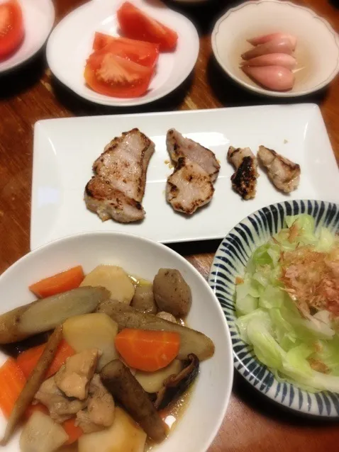 筑前煮、キャベツお浸し、豚肉塩麹漬け、ミョウガ甘酢漬け|raku_darさん