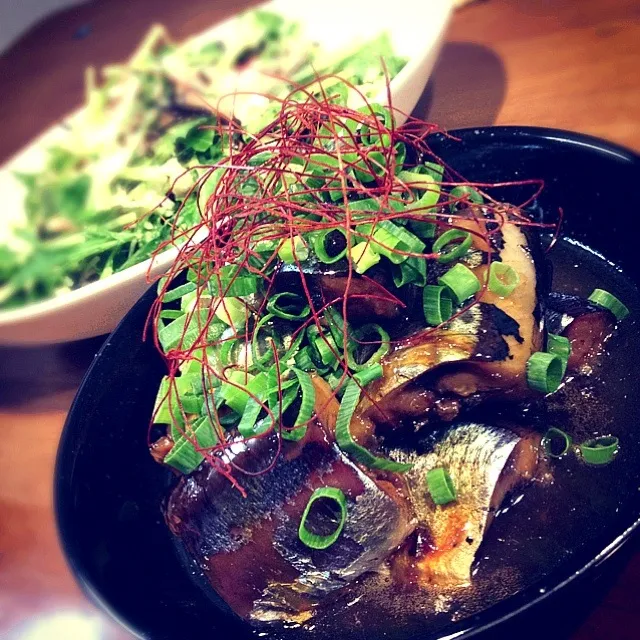 秋刀魚の甘露煮、水菜とツナと塩昆布のサラダ|みきやん☺︎さん