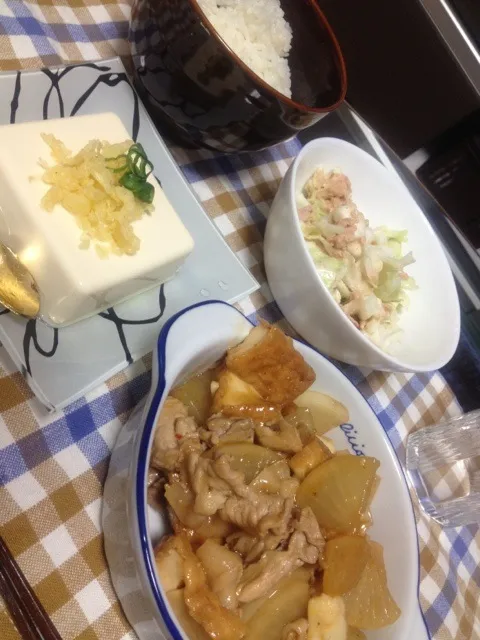 Snapdishの料理写真:厚揚げと大根のオイスター炒め、キャベツナサラダ|食いしん坊もりもりさん