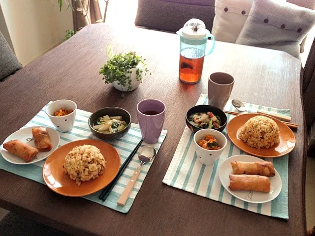 炒飯、春巻、カボチャとウィンナーのカレーマヨ、海老と長芋と青梗菜の塩炒め、黒烏龍茶|pentarouさん