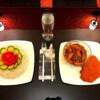 Peas and vegetable stew with schnitzel and tomato and cucumber flower rice|shay omradさん