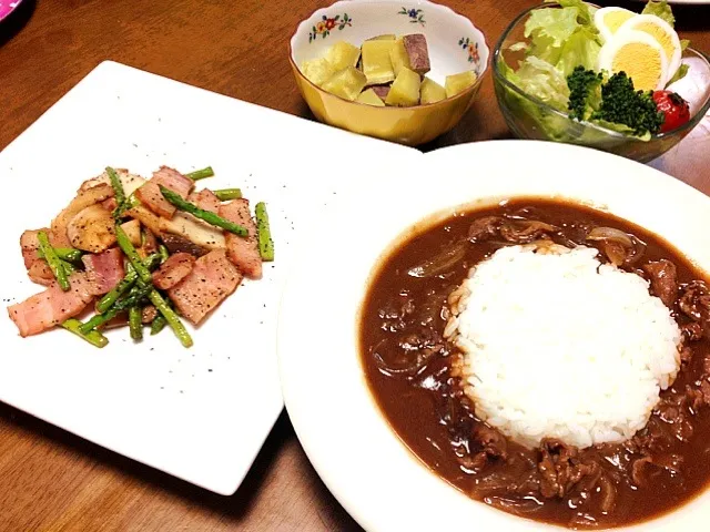 ハヤシライス&ベーコンとエリンギのバター醤油焼き|🍎ゆかりんご🍎さん