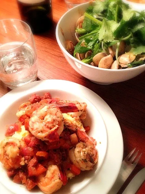 Prawn and Polenta with Chorizo, Black Pepper Vongole|口美庵女将 http://ameblo.jp/kuchimi2/さん