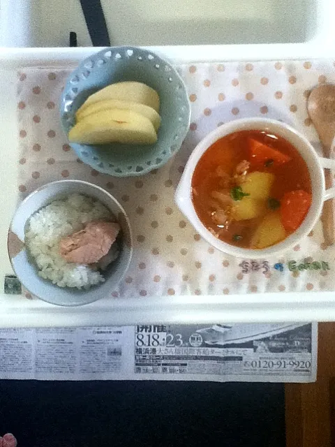 幼児食 鮭ごはん、とまと豚汁、りんご|あっこさんのさん