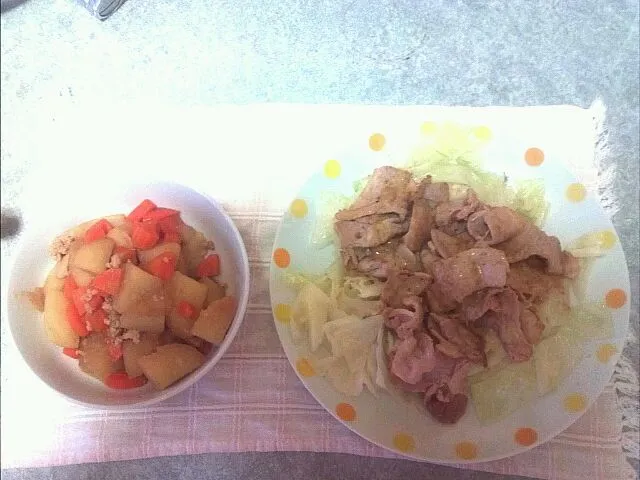 Snapdishの料理写真:そぼろ肉じゃがと豚肉とキャベツのごまソース|ゆみさん