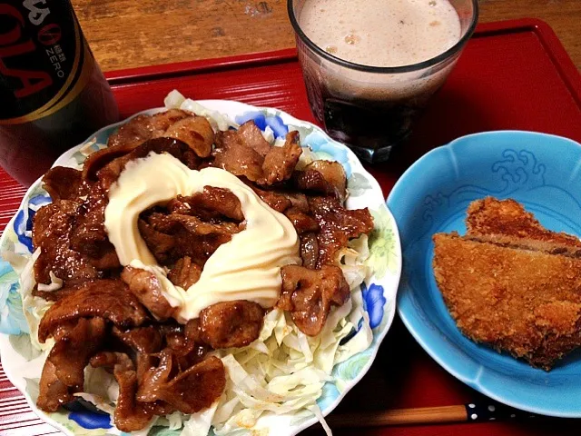 豚肉生姜焼き丼、メンチカツ|Kojiさん