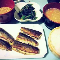 Snapdishの料理写真:さんまのネギ,大葉はさみ焼き†おくらとほうれん草のお浸し†納豆|BiCCHiさん