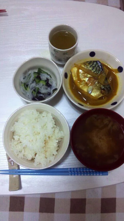 ご飯＆茄子の味噌汁＆鯖のカレー煮＆春雨とワカメの酢の物|大草絢子さん