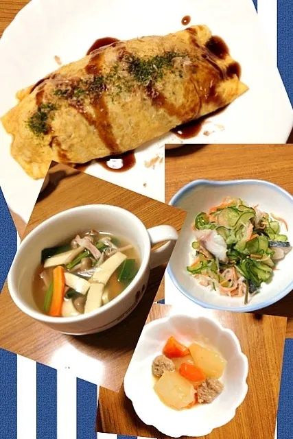 Snapdishの料理写真:オムそばめし、高野豆腐と野菜のコンソメスープ、冬瓜と肉団子の煮物、しめ鯖なます|カナエさん