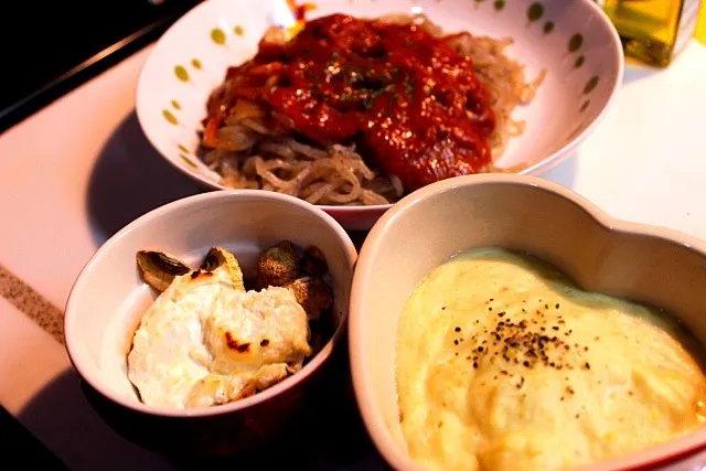 さつまいもポタージュ、マッシュルーム、こんにゃくパスタ🍝|ゆきどんさん