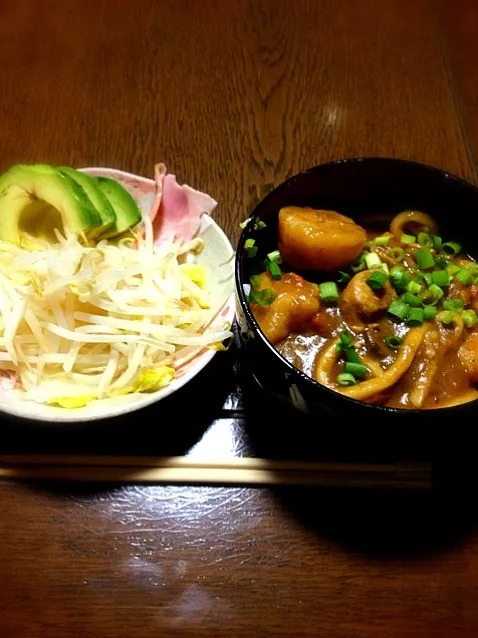 カレーうどん、白菜もやし蒸しサラダ|ayamenさん