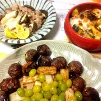 Snapdishの料理写真:カボチャとサツマイモのグラタン、エリンギと豚肉の蒸し物、栗と銀杏と山芋の揚げ物|うららさん