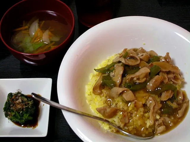 2011.餡掛けチャーハン、ほうれん草のお浸し、野菜スープ|はるさん