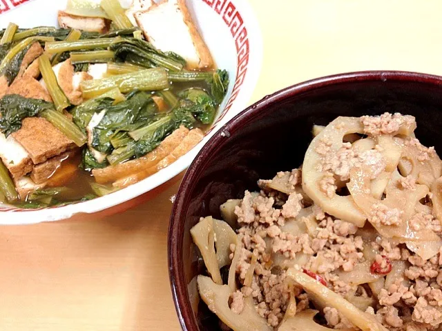 れんこんの肉味噌きんぴら、厚揚げと小松菜の煮びたし|めいたん☆さん