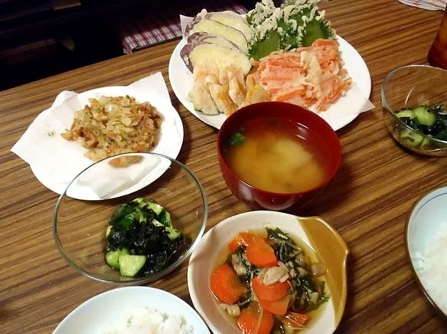 2012.天ぷら・かき揚げ・水菜の煮物・胡瓜の酢の物|はるさん