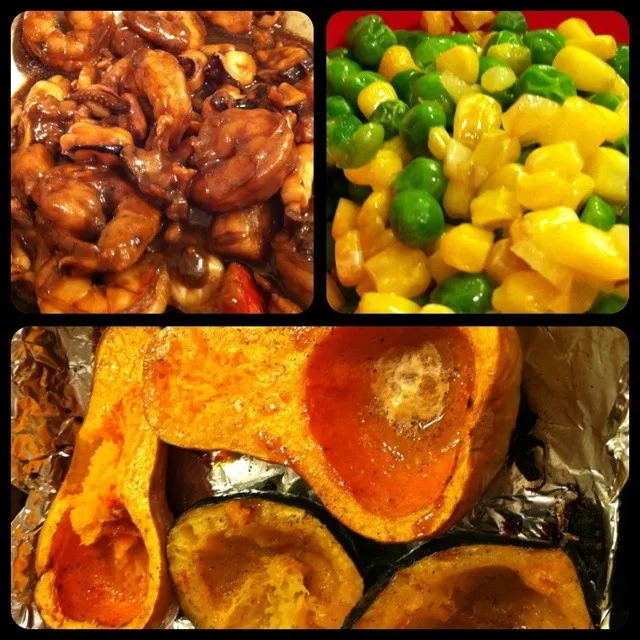 Asian seafood stir fry, sautéed peas and corn with garlic, and roasted butternut squash and acorn squash with honey and agave syrup|WMWさん