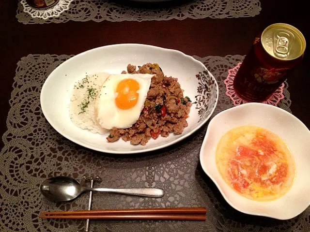 豚ひき肉ガパオ&トマトと卵のスープ|rokolokoさん