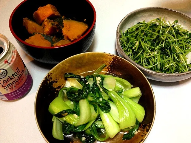 ちんげん菜炒め、豆苗炒め、カボチャ煮物|りかこさん