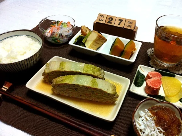 白菜とひき肉の重ね煮／煮物二種／春雨とタコの酢の物／焼きタラコとしらす|まりさん