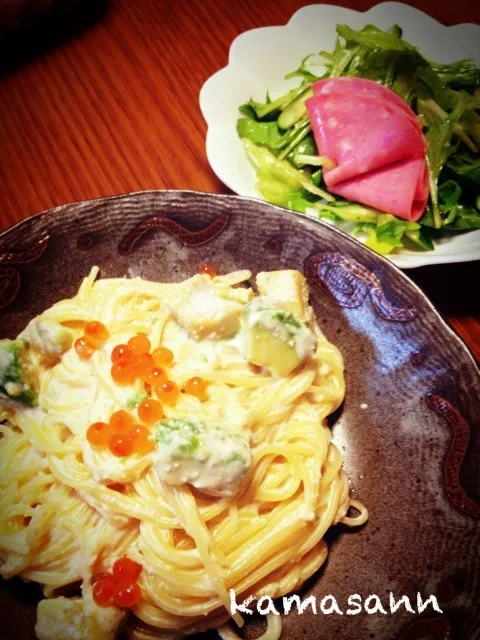 タラコアボガドクリームパスタ、いくら乗せ🍝|かまさん