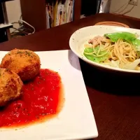 鶏肉とキャベツのペペロンチーノとアランチーニ|あきらさん