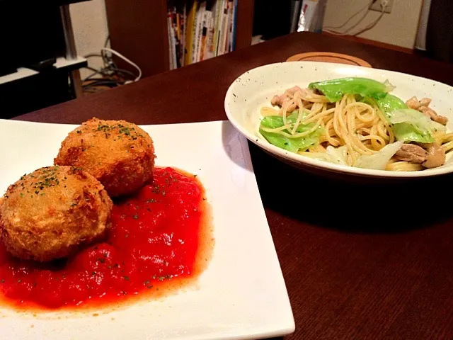 鶏肉とキャベツのペペロンチーノとアランチーニ|あきらさん