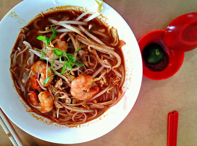 sarawak traditional laksa (vermicilli with boiled shrimp, chicken and fried egg in spicy coconut gravy)|Raine Melissa Rimanさん