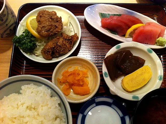 日替わりランチ。鮪の頬肉のフライ、マグロ尽くし|大石さん