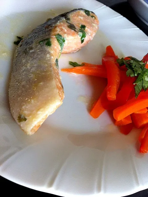 Salmão com coentro e salada de cenoura com pimentao|Ana Caroline Outiさん