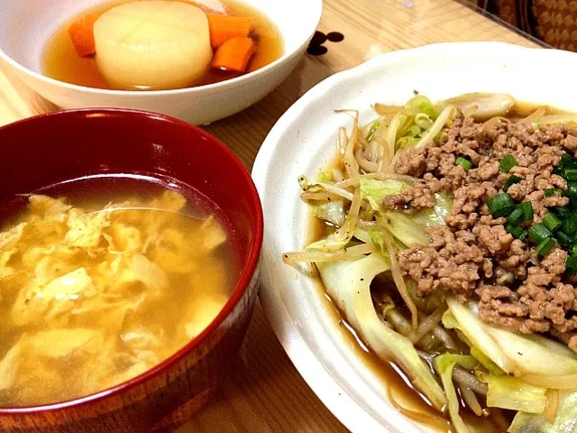 柚子胡椒ひき肉の野菜炒め&大根の煮物&卵スープ|ポテキさん