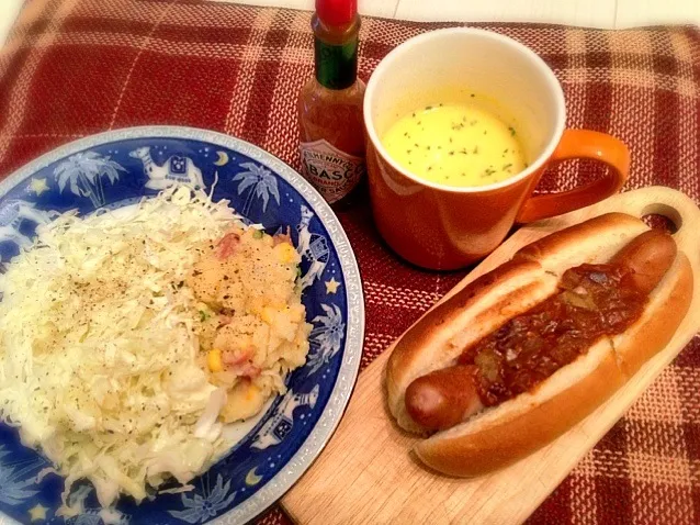 チリドッグ かぼちゃの冷製スープ ポテトサラダ|りさ〜ぬさん