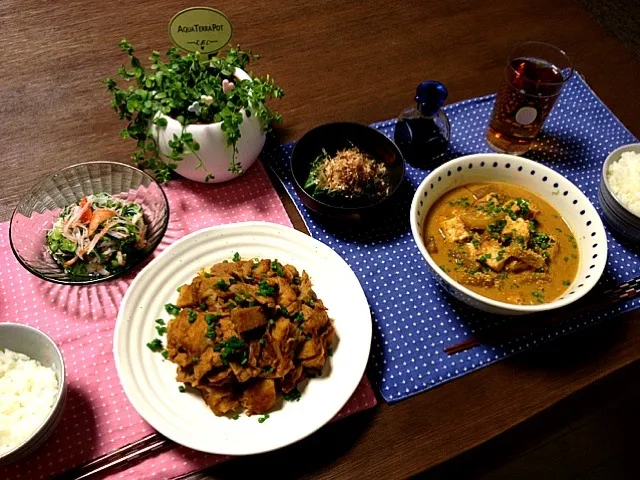 大根と厚揚げの胡麻味噌煮、えび芋と豚肉の醤油煮、蟹カマと胡瓜の酢の物、ほうれん草おかか|pentarouさん